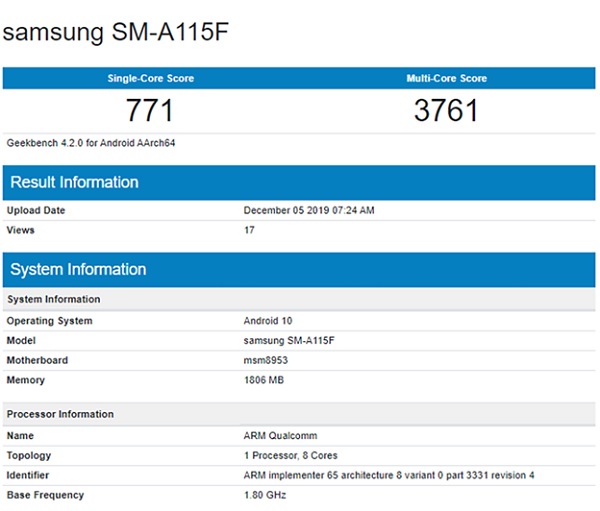 Thông tin rò rỉ Galaxy A11 xuất hiện trên trang Geekbench