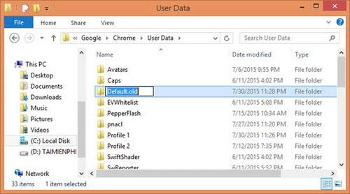 Đổi tên thư mục Default thành thư mục Default.old