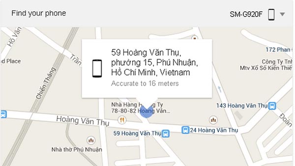 Vị trí điện thoại bị mất sẽ được hiển thị trên bản đồ