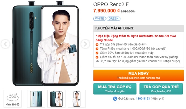 OPPO Reno2 F giảm giá 1.000.000 đồng, tặng kèm tai nghe Bluetooth khi mua online