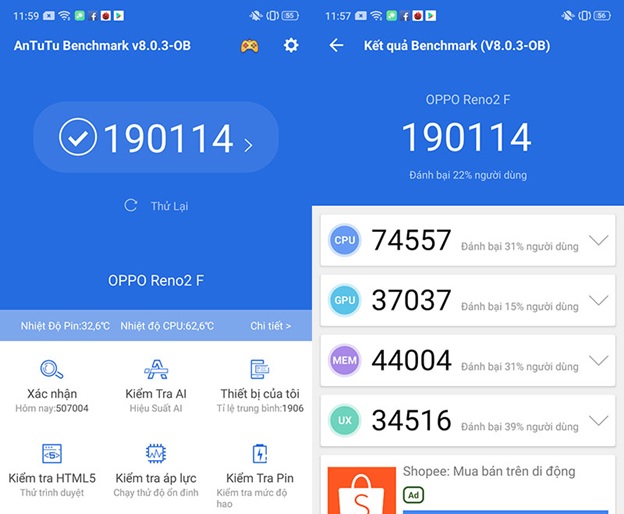 Điểm hiệu năng OPPO Reno2 F trên Antutu