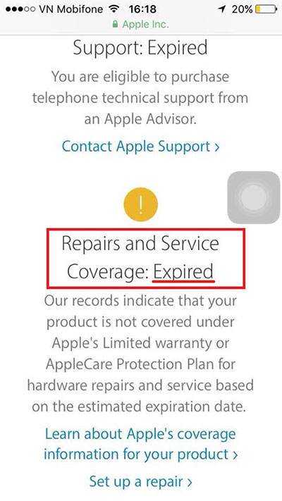 Chiếc iPhone này đã hết hạn bảo hành. 