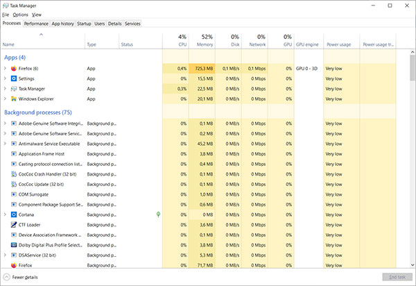 Mở Task Manager để kiểm tra mức sử dụng RAM của máy tính