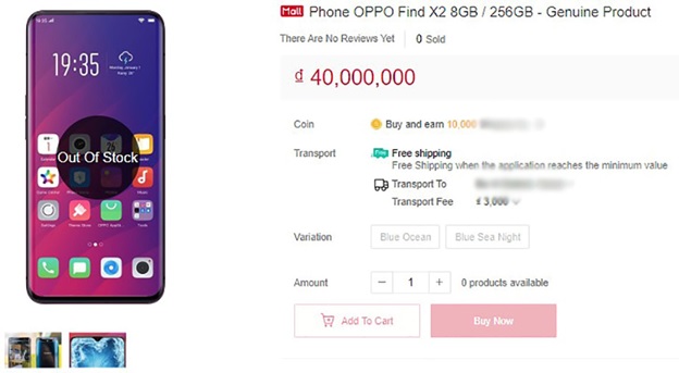 OPPO Find X2 được đăng tải trên một website bán lẻ trực tuyến