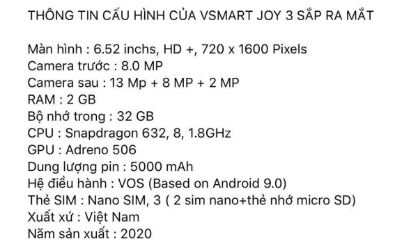 Thông tin rò rỉ về Vsmart Joy 3 được chia sẻ trên Facebook