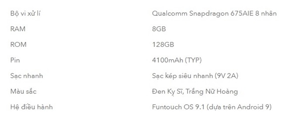 Thông số chi tiết vivo V17 Pro