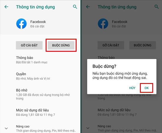 Nhấn chọn vào nút Buộc Dừng, đồng thời xác nhận OK để tắt ứng dụng
