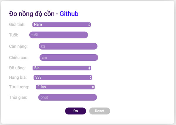 Các thông số cần điền vào để đo nồng độ cồn bằng điện thoại.