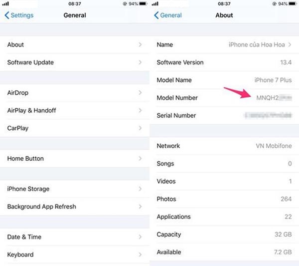 Thông tin iPhone được hiển thị