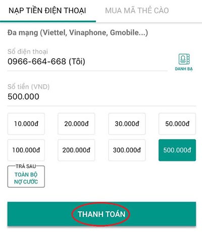 Nạp tiền qua tài khoản ngân hàng có đăng ký Internet Banking