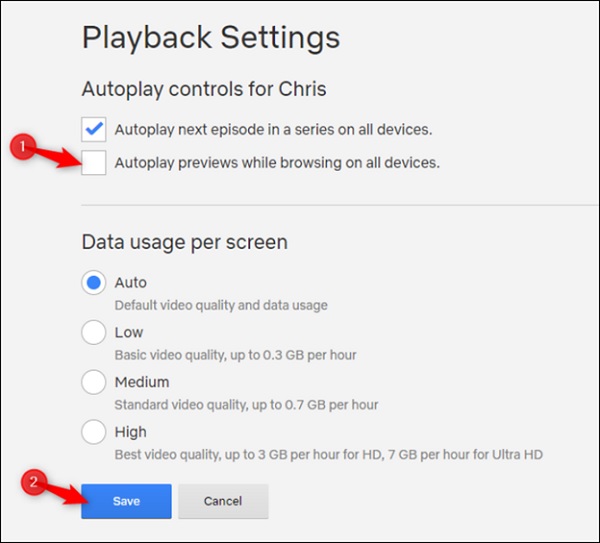 Tích bỏ chọn mục Autoplay previews while browsing on all devices > chọn Save để lưu thay đổi
