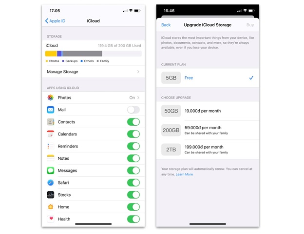 Mua thêm dung lượng iCloud để backup dữ liệu sau này