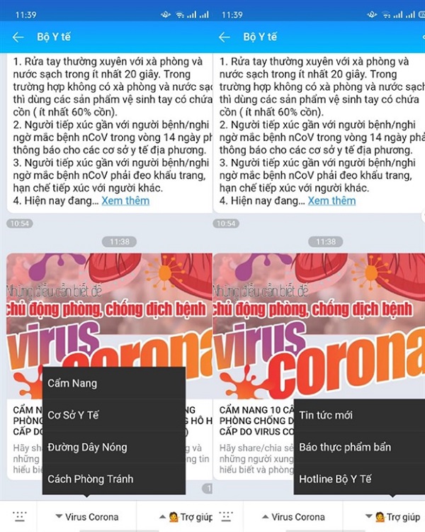 Các thông tin về dịch Virus Corona được cập nhật trên Zalo thông qua “Bộ Y Tế”