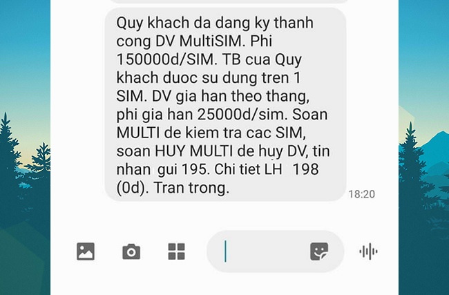 Thông báo đăng ký dịch vụ MultiSIM thành công