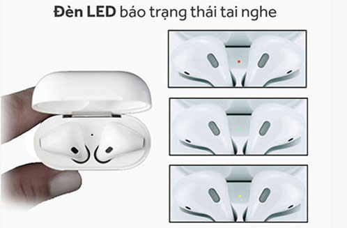 Màu đỏ: pin dưới 80%, màu xanh lá: pin đầy trên 80%, màu trắng: sẵn sàng ghép đôi với các thiết bị