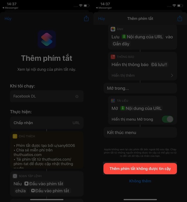 Chọn mục thêm phím tắt không được tin cậy để thêm phím tắt từ bên ngoài vào điện thoại