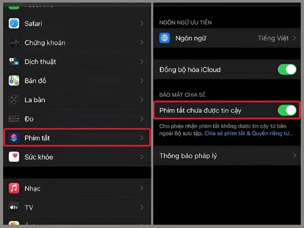 Bật mục “Phím tắt chưa được tin cậy” 