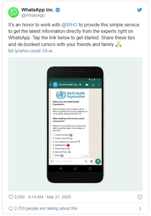 WhatsApps giới thiệu Trung tâm tin tức Coronavirrus, hợp tác cùng WHO, UNICEF và UNDP