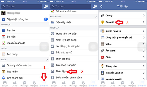 Tại giao diện Facebook, bạn chọn vào biểu tượng 3 dấu gạch và làm theo các bước