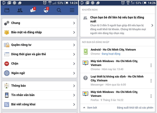 Danh sách các thiết bị đã đăng nhập bằng tài khoản Facebook