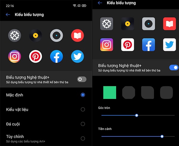 Người dùng có thể tùy chọn kiểu hiển thị của các icon ứng dụng giúp cá nhân hóa bố cục màn hình trở nên đẹp mắt hơn