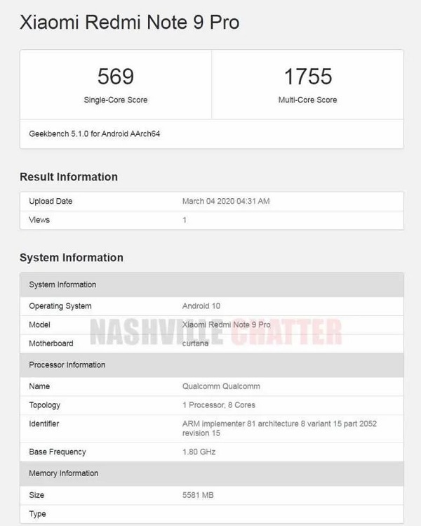 Thông tin cấu hình Redmi Note 9 Pro xuất hiện trên Geekbench