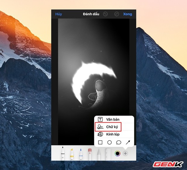 Nhấn chọn biểu tượng hình dấu + rồi chọn nút Chữ ký