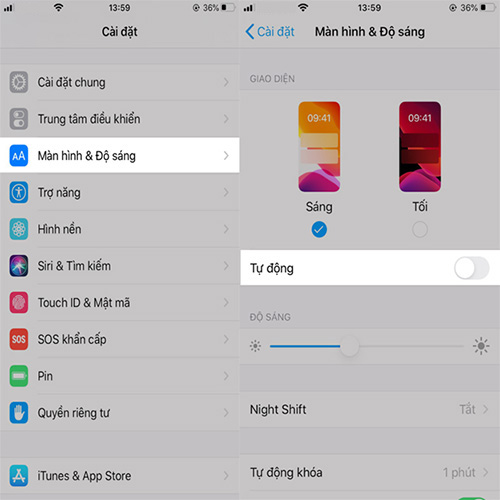 Cài đặt chế độ Dark mode bật/tắt theo giờ mặt trời.
