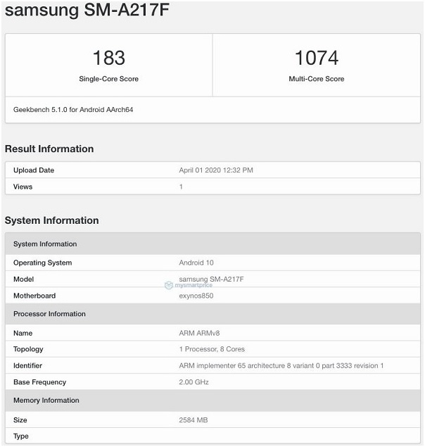 Thông tin về Galaxy A21s được tìm thấy trên Geekbench