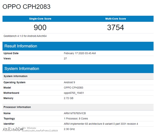 Điểm hiệu năng của OPPO A12 trên Geekbench