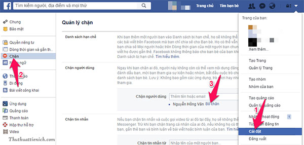 Chọn tài khoản muốn bỏ chặn và nút nhấn nút Bỏ chặn