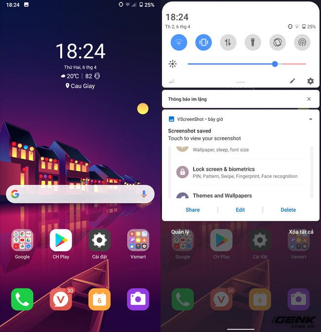 Giao diện màn hình chính và thanh thông báo
