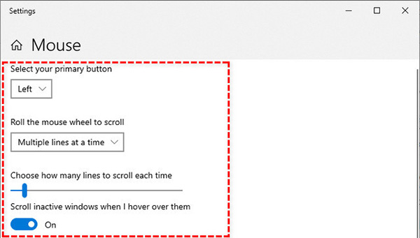 Tại giao diện cài đặt chuột Win 10 có 4 tùy chọn cài đặt cơ bản 