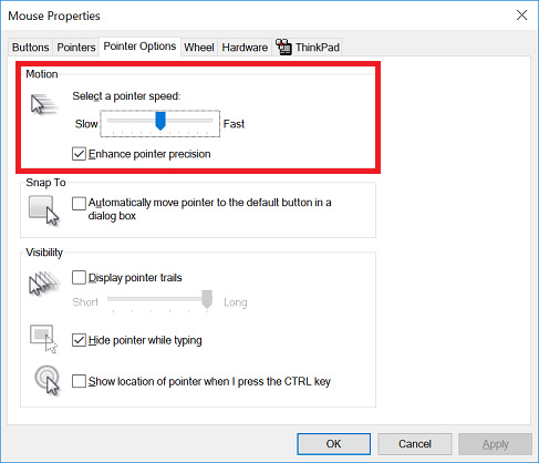 Điều chỉnh tốc độ con trỏ bằng cách di chuyển thanh trượt tại mục Motion