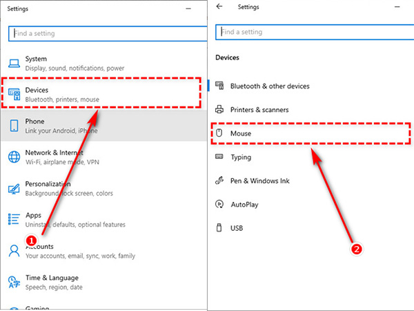Mở trang cài đặt Windows Settings >> Devices >> Mouse