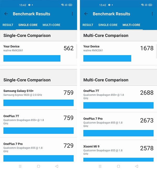 Chấm điểm Realme 6 Pro bằng GeekBench 5, CPU bên trái và hiệu năng bên phải