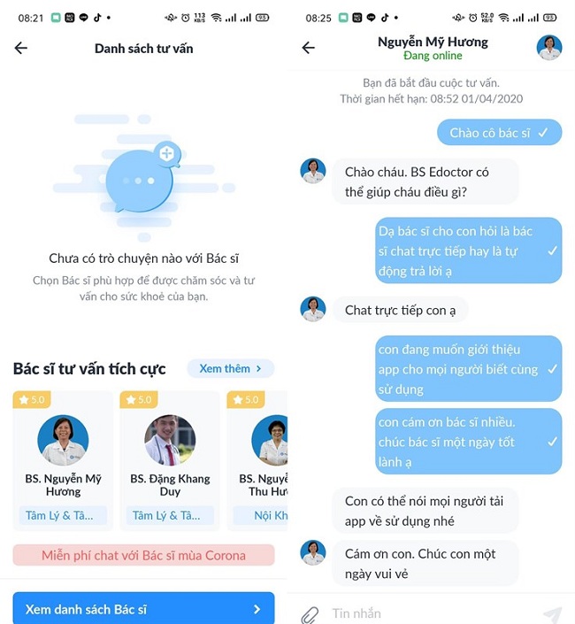 Người dùng có thể chát trực tiếp với các bác sĩ trong eDoctor