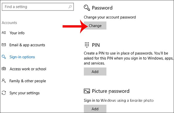 Nhấn chọn Change để đổi mật khẩu bảo mật máy tính Windows 10