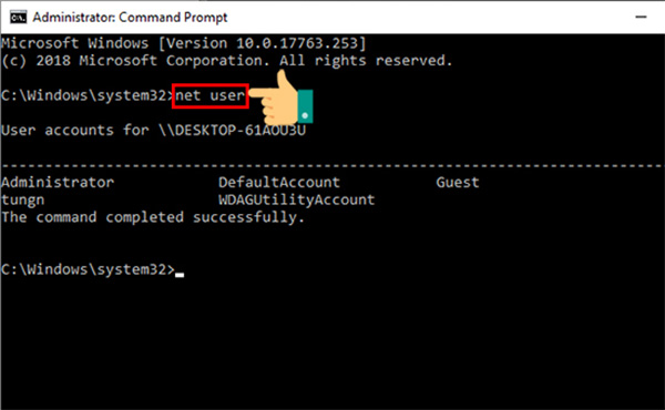 Mở CMD bằng quyền Admin, rồi nhập lệnh net user