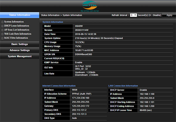 Đổi tên và mật khẩu Wifi Viettel H640W