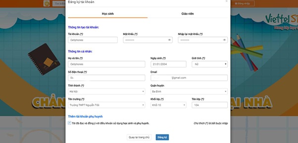 Đăng ký tài khoản người dùng là học sinh trên ViettelStudy