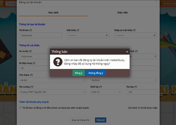 Đăng ký thành công tài khoản trên ViettelStudy