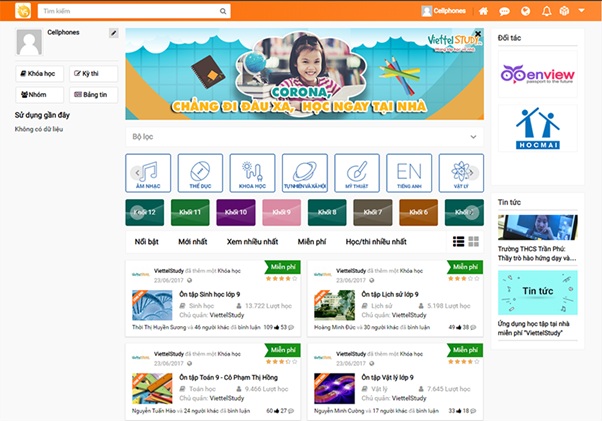 Giao diện màn hình chính trên hệ thống học tập trực tuyến ViettelStudy