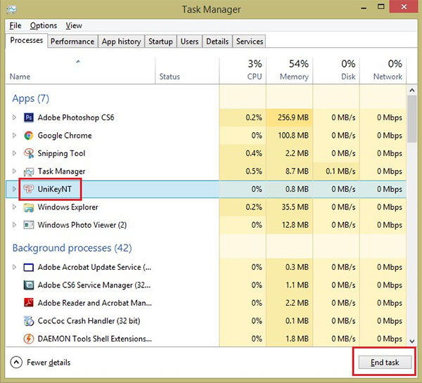 Chọn mục Task manager để truy cập vào công cụ Unikey