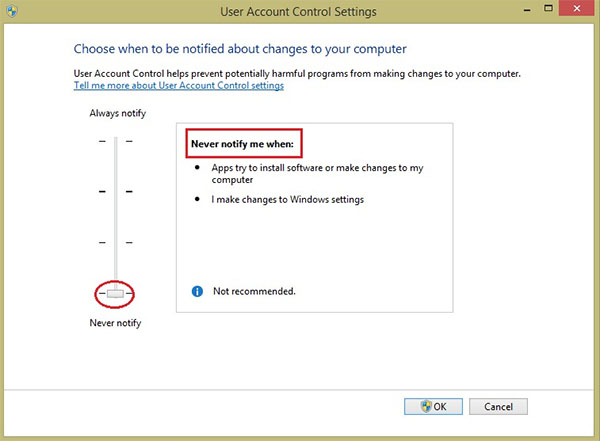 Đưa thiết lập về chế độ Never Notify để tắt các thông báo