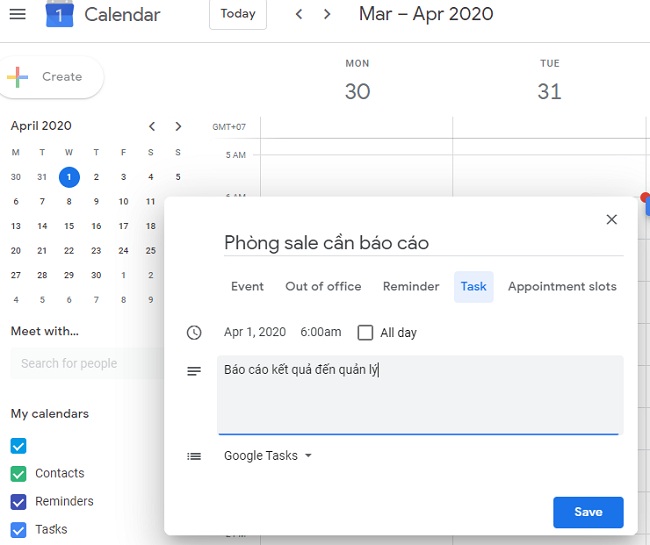 Tạo lịch nhắc nhở công việc