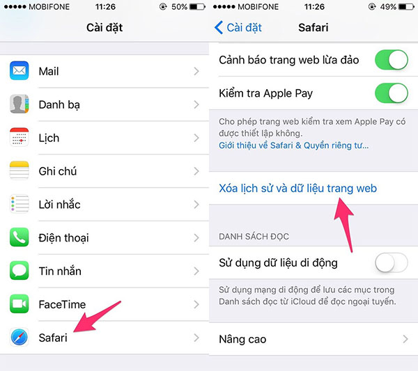 Xóa lịch sử và dữ liệu bộ nhớ  trình duyệt web trên Safari