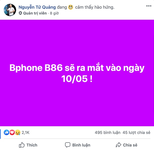Ngày ra mắt Bphone B86 được CEO BKAV Nguyễn Tử Quảng xác nhận trên trang Facebook cá nhân