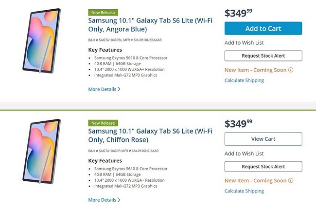 Samsung Galaxy Tab S6 Lite xuất hiện trên website bán lẻ với giá 349.99 USD