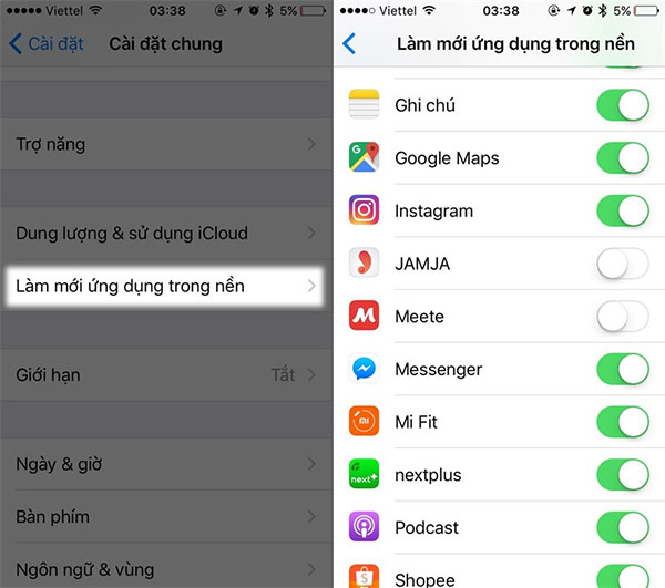 Hạn chế tính năng làm mới ứng dụng nền trên iPhone